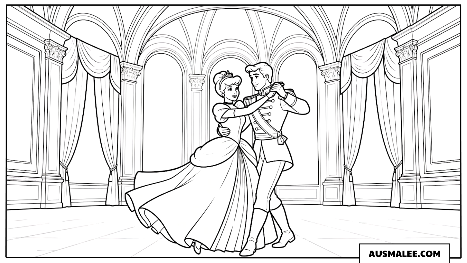 Ausmalbild Cinderella tanzt mit dem Prinzen