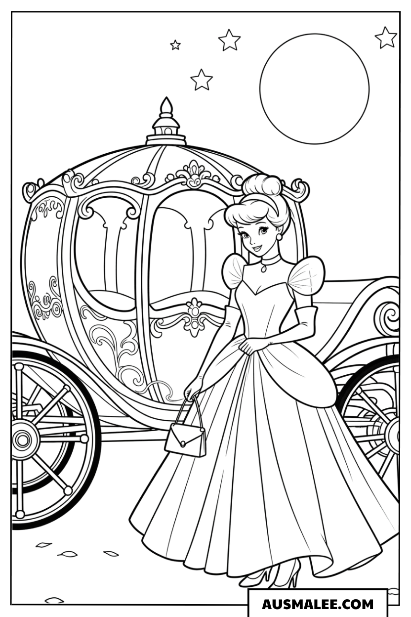 Ausmalbild Cinderella und Kutsche bei Vollmond
