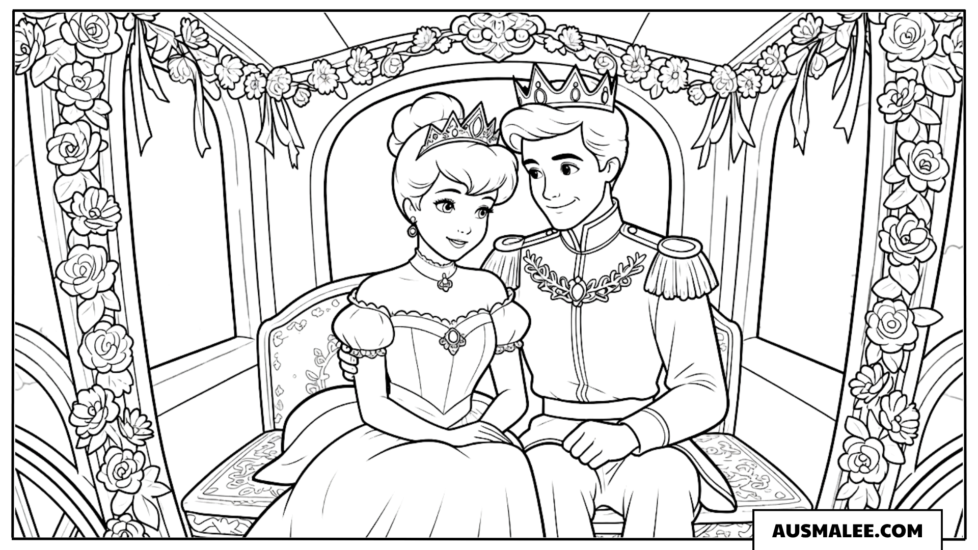 Ausmalbild Cinderella und Prinz in der Kutsche