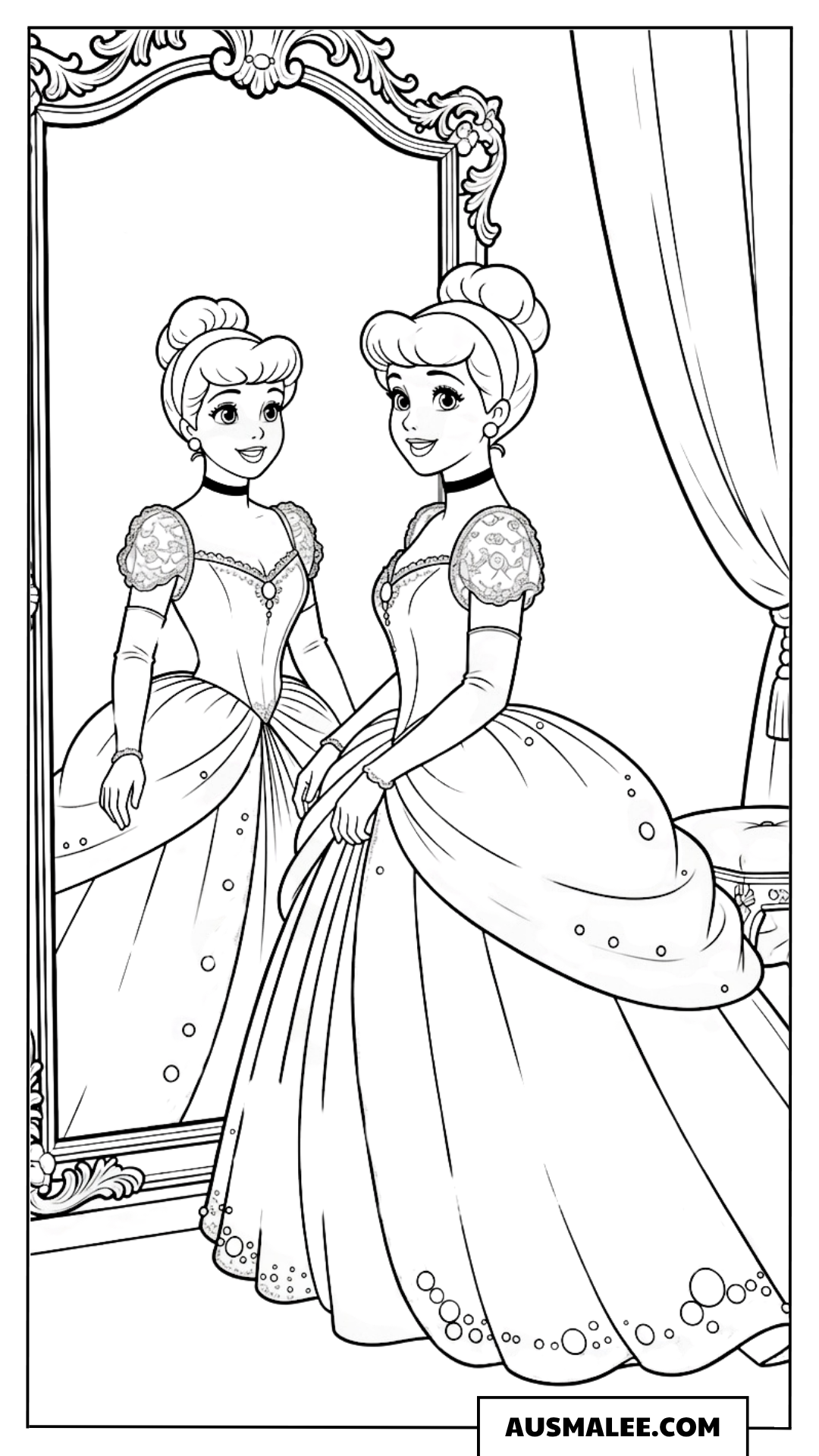 Ausmalbild Cinderella und Stiefschwester im Spiegel