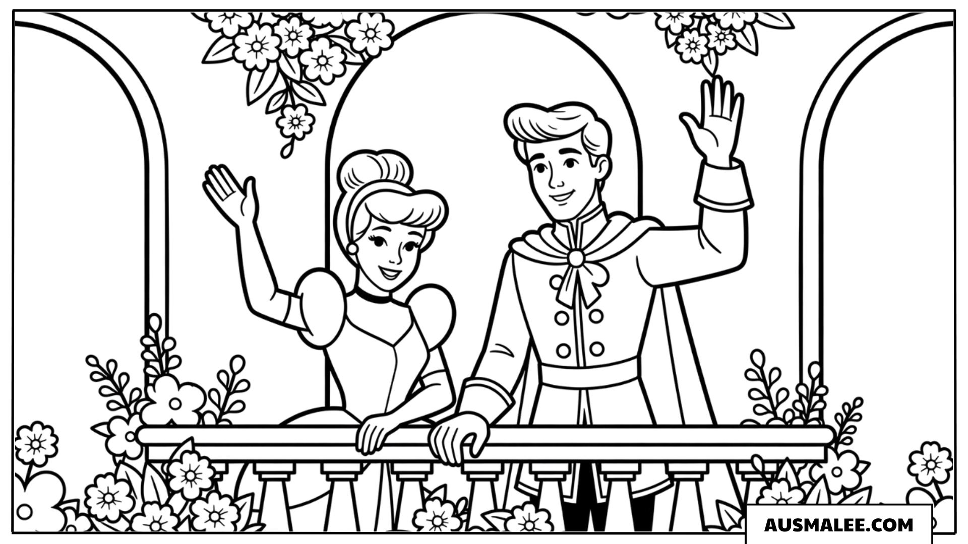 Ausmalbild Cinderella und der Prinz auf dem Balkon