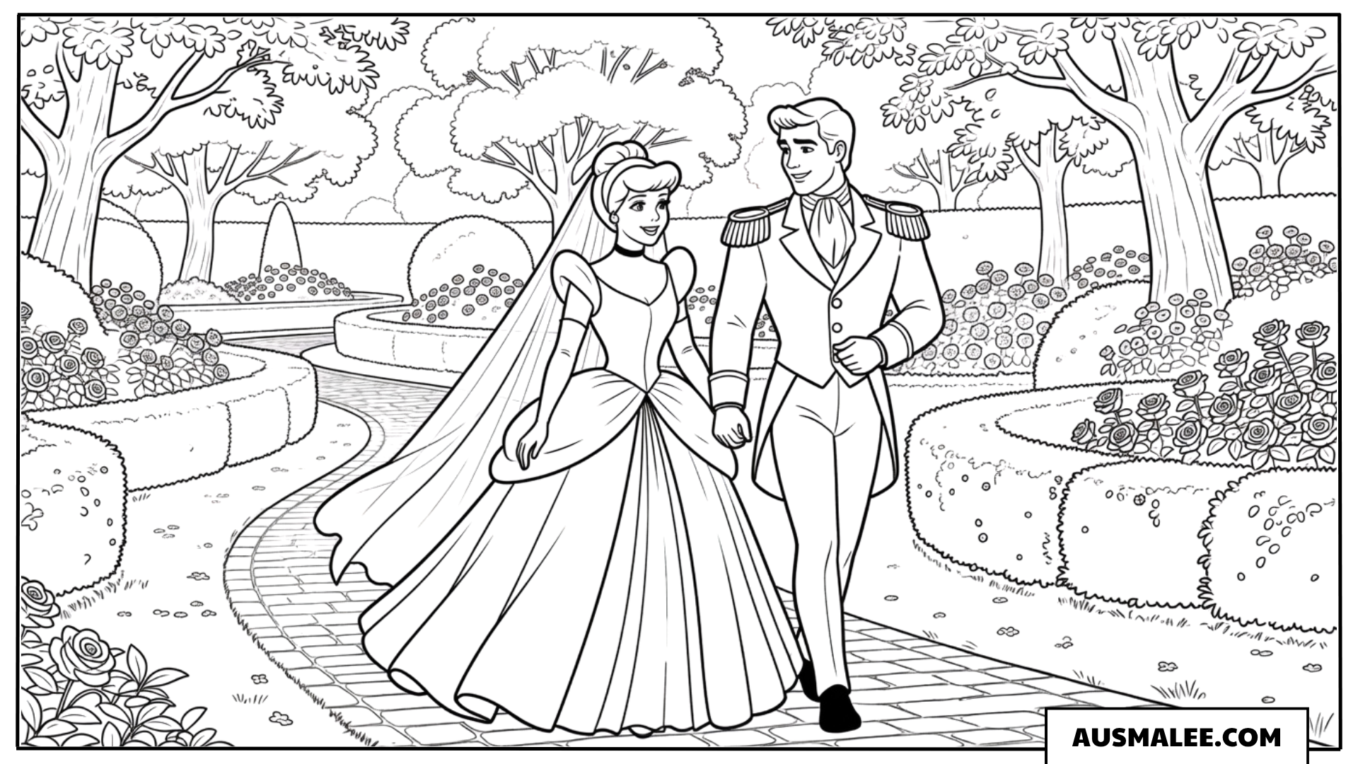 Ausmalbild Cinderella und der Prinz im Garten