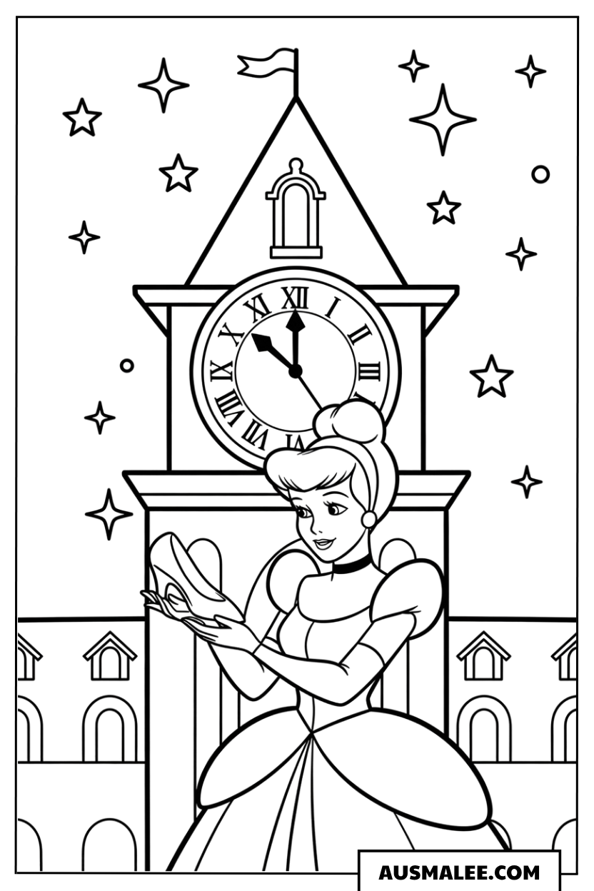 Ausmalbild Cinderella und die Uhr um Mitternacht
