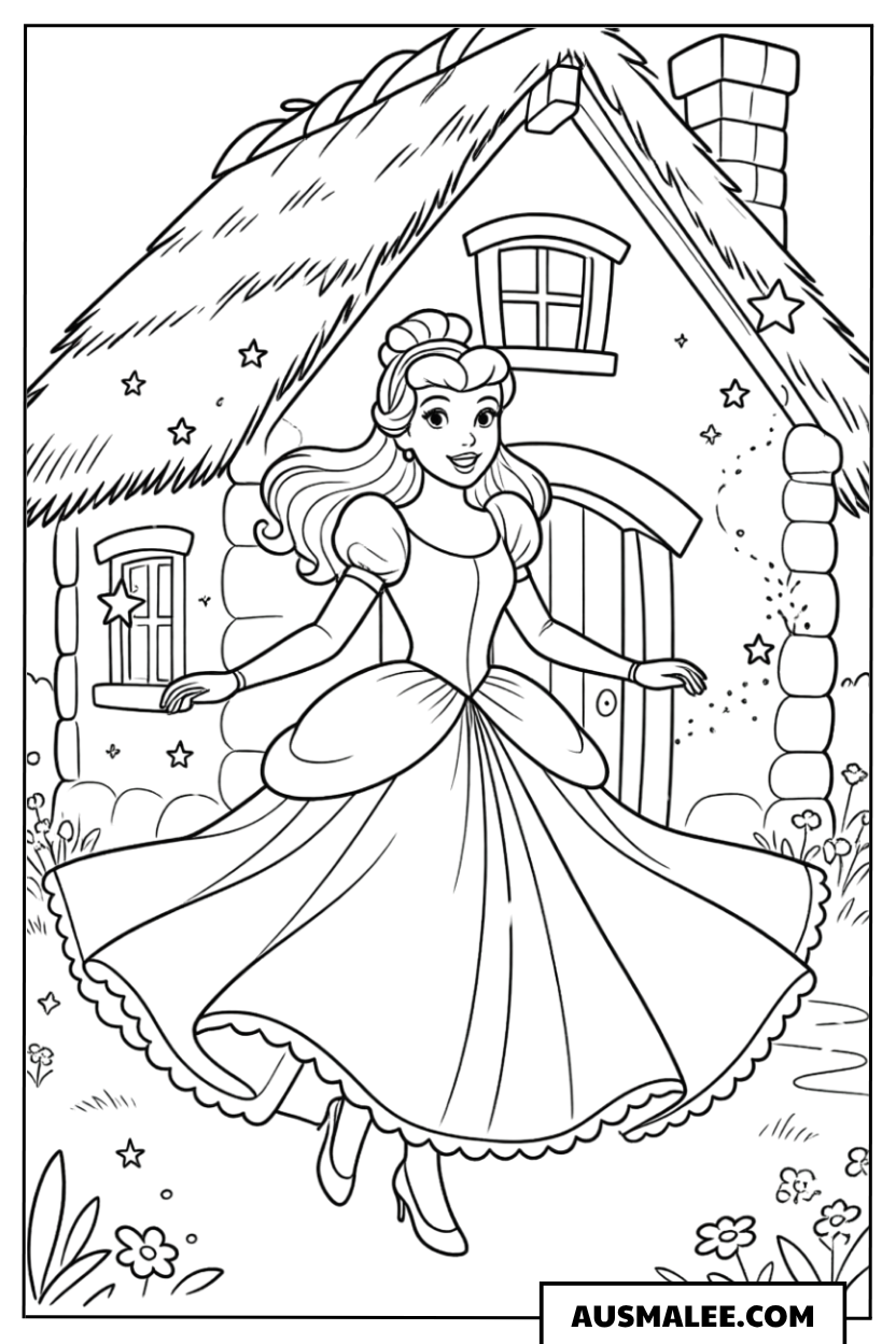 Ausmalbild Cinderella vor ihrem Haus
