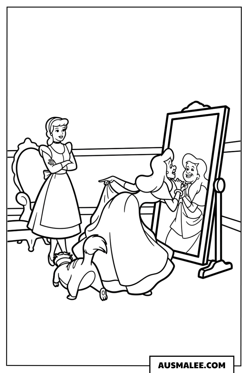 Ausmalbild Cinderella wird angezogen