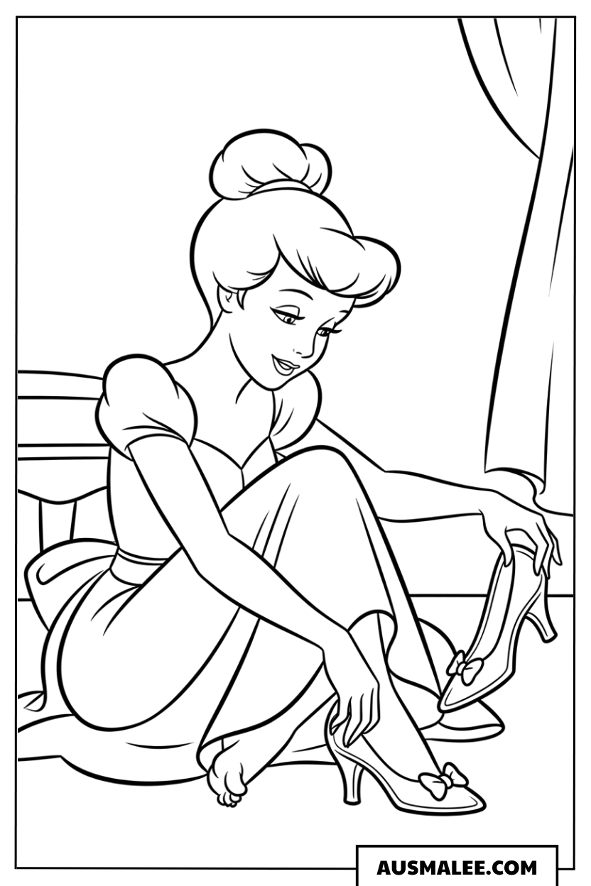 Ausmalbild Cinderella zieht den Schuh an