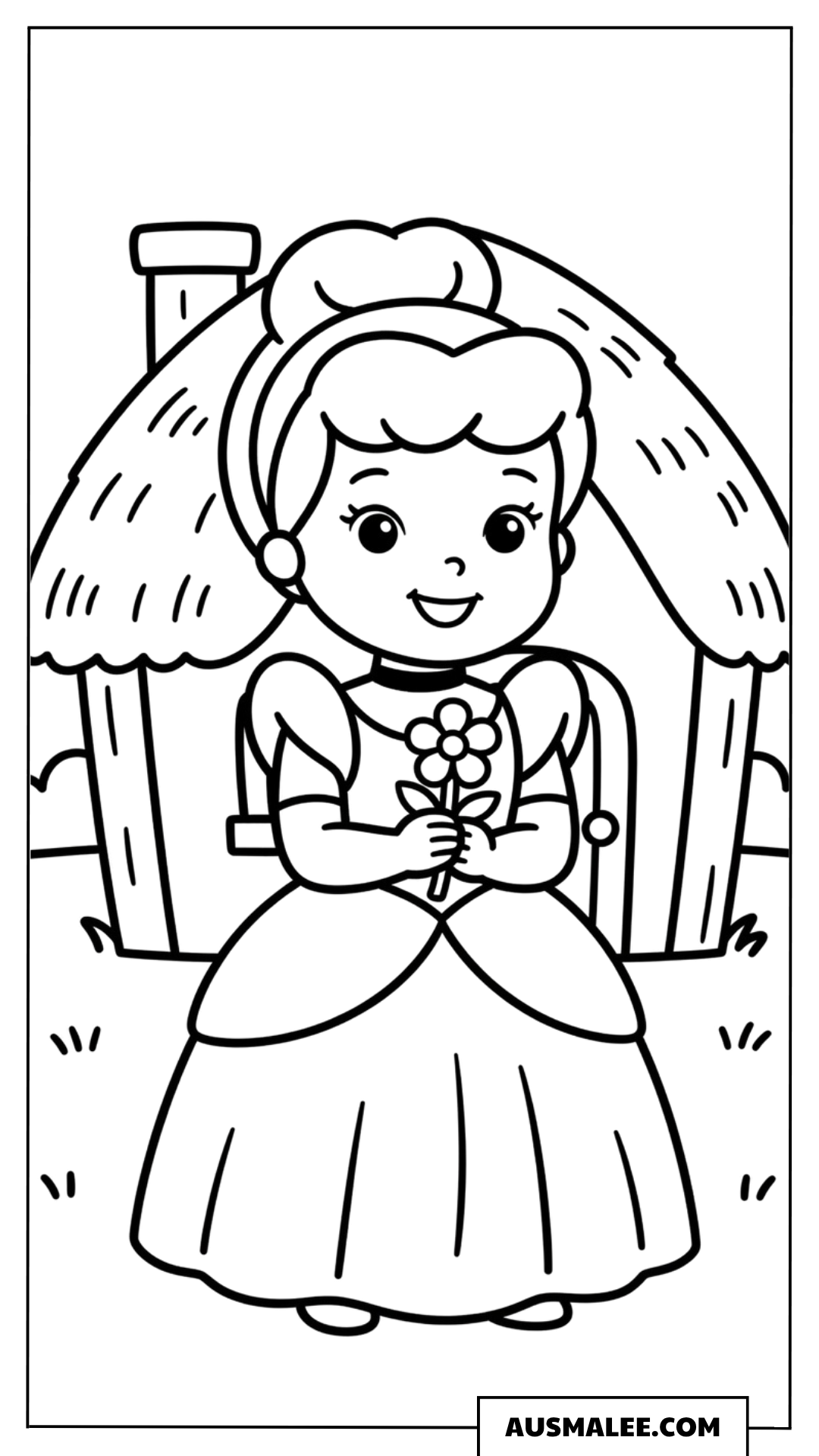 Ausmalbild Einfache Cinderella mit Blumen