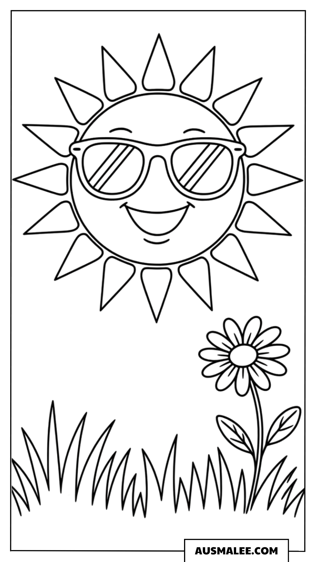 Ausmalbild Einfache Sonne mit Blume und Gras