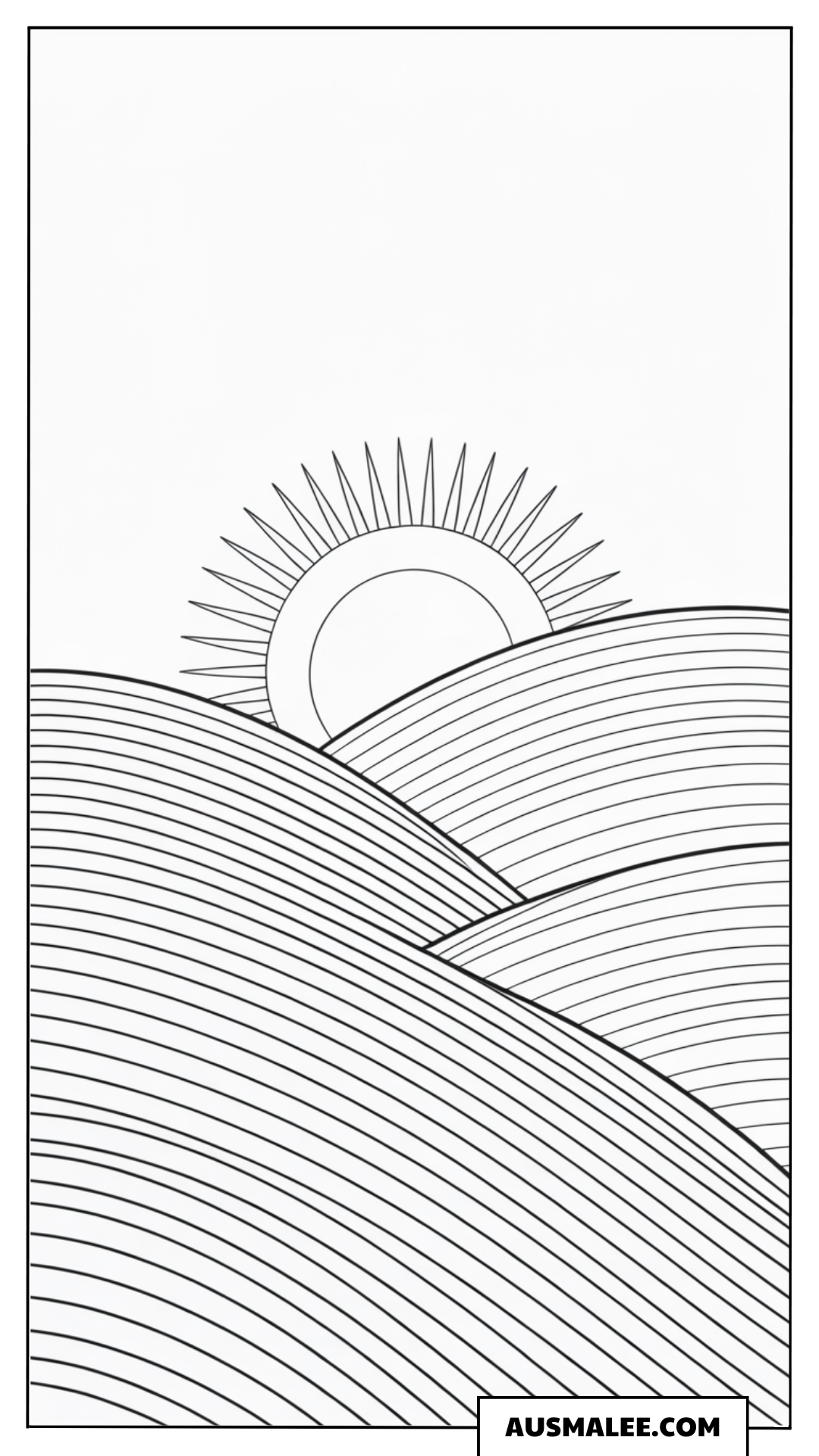 Ausmalbild Einfache Sonne über Hügellandschaft