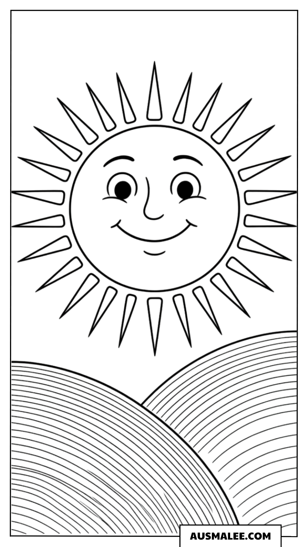 Ausmalbild Einfache Sonne über Hügeln