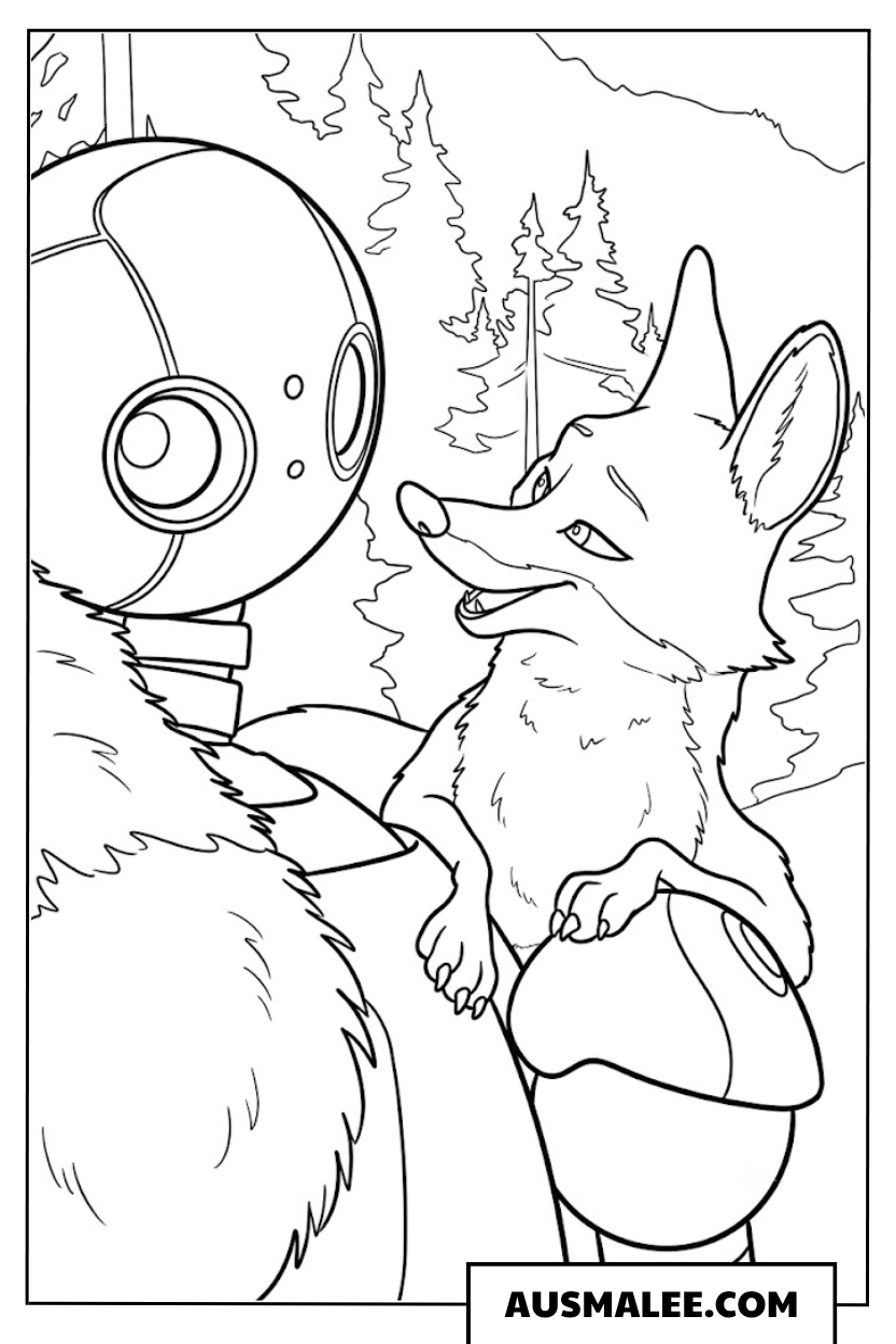 Ausmalbild Fink spricht vertraulich mit Roz in Der wilde Roboter