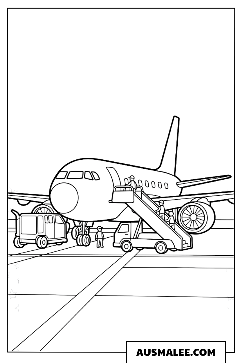 Ausmalbild Flugzeug am Flughafen