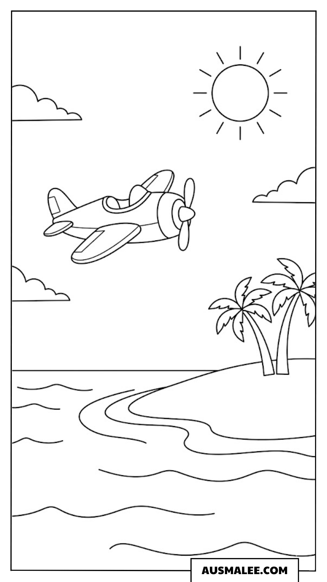 Ausmalbild Flugzeug am Tropenstrand
