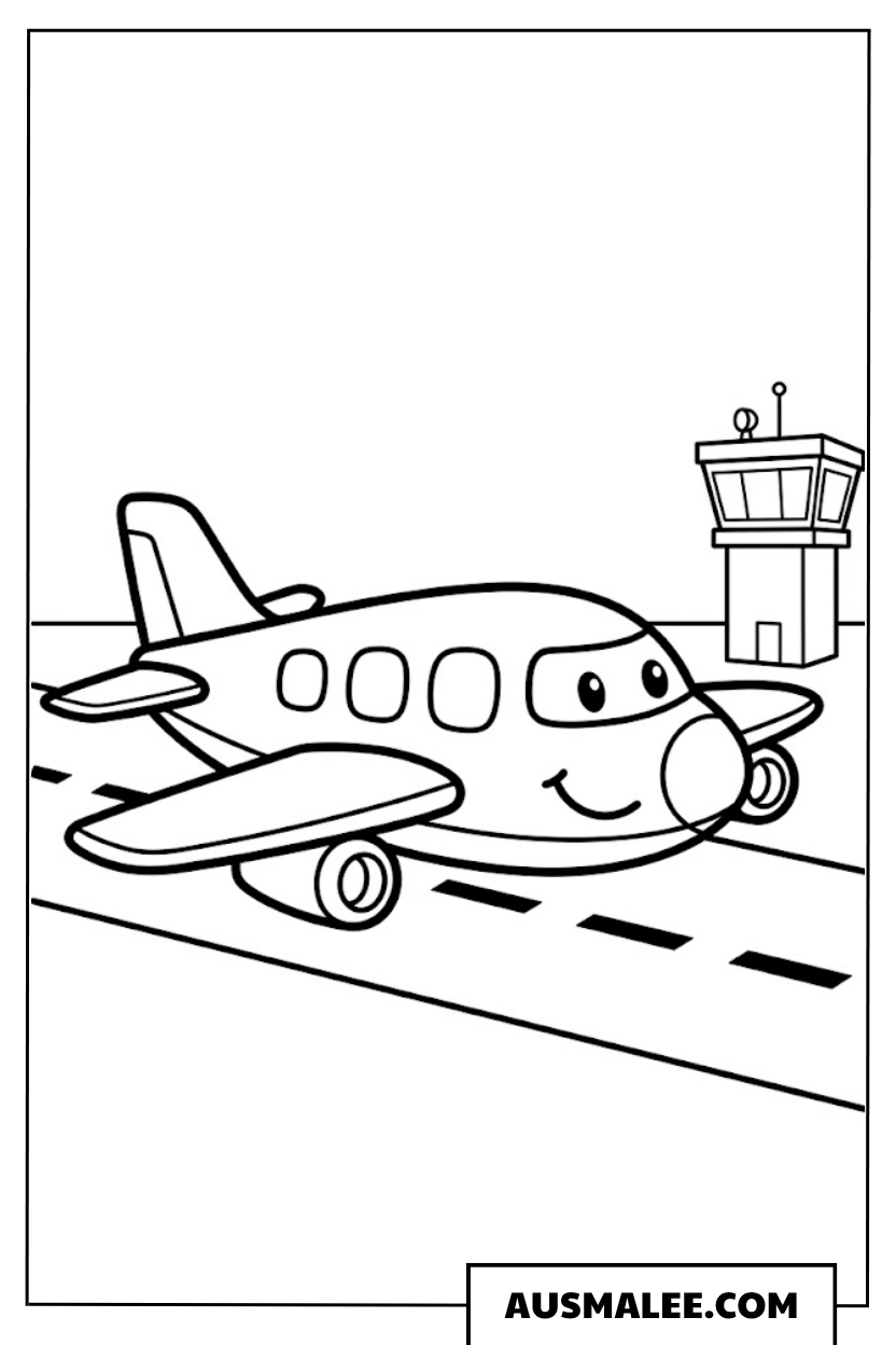 Ausmalbild Flugzeug auf der Startbahn