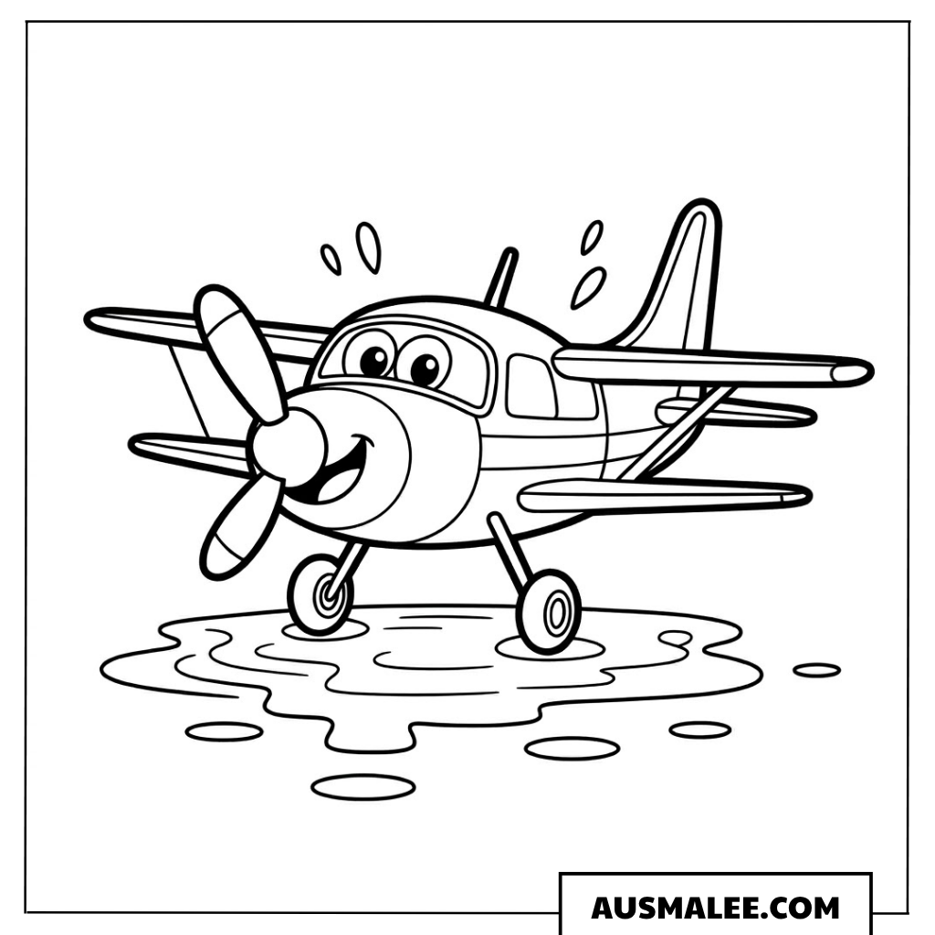 Ausmalbild Flugzeug beim Wasserspaß
