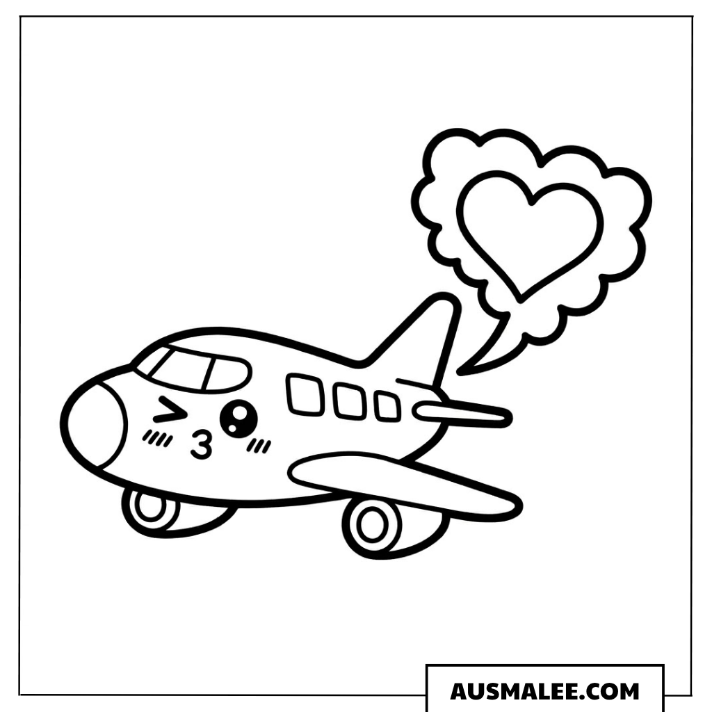 Ausmalbild Flugzeug mit Herzgedanken