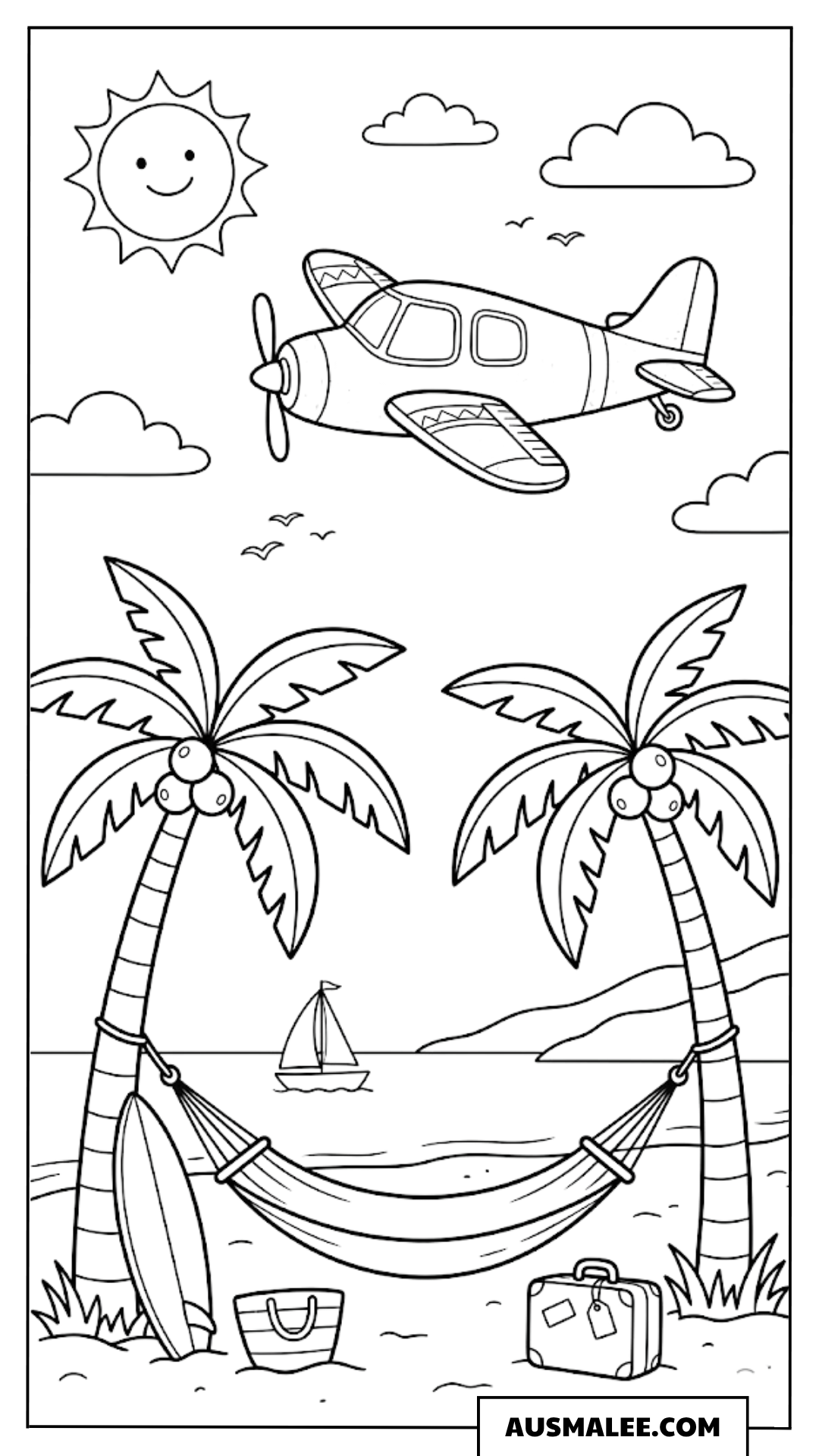 Ausmalbild Flugzeug mit Strand und Palmen