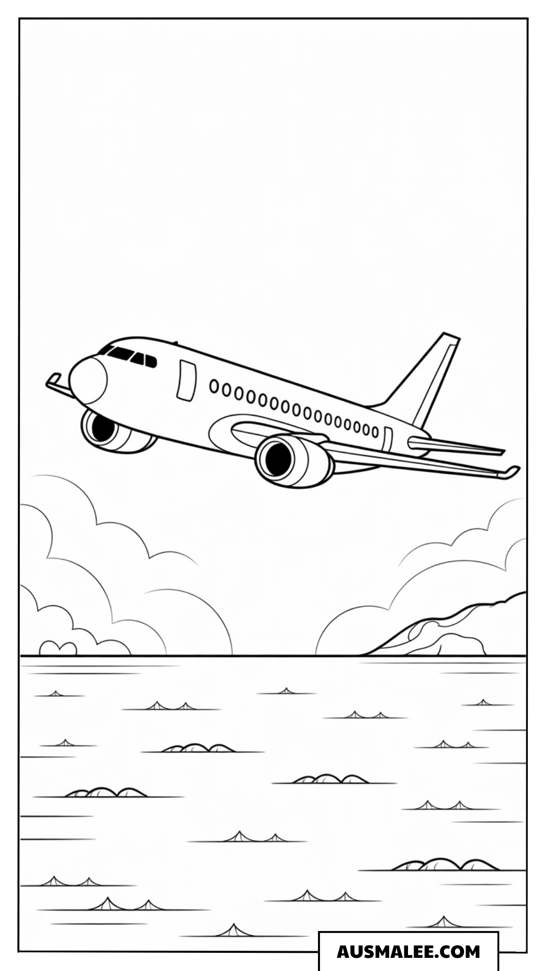 Ausmalbild Flugzeug über dem Meer