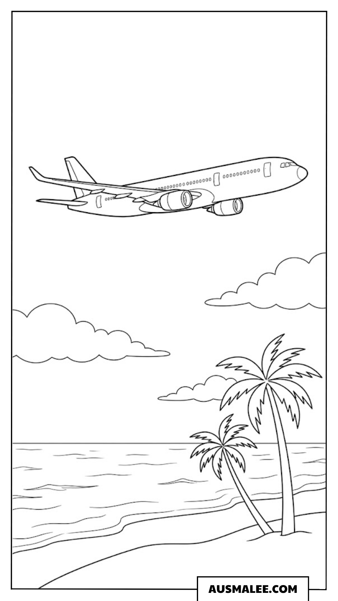 Ausmalbild Flugzeug über dem Strand