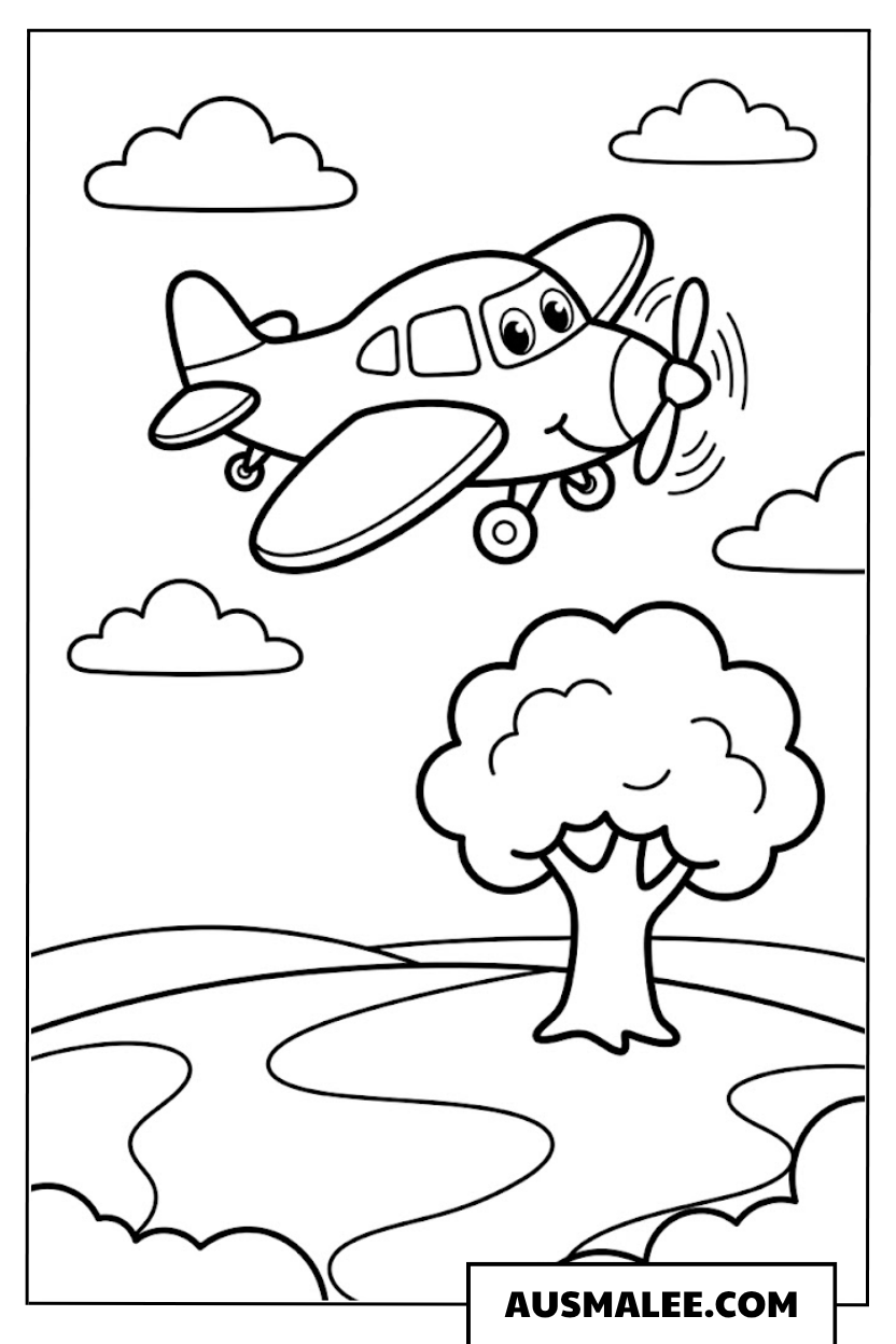 Ausmalbild Flugzeug über den Bäumen
