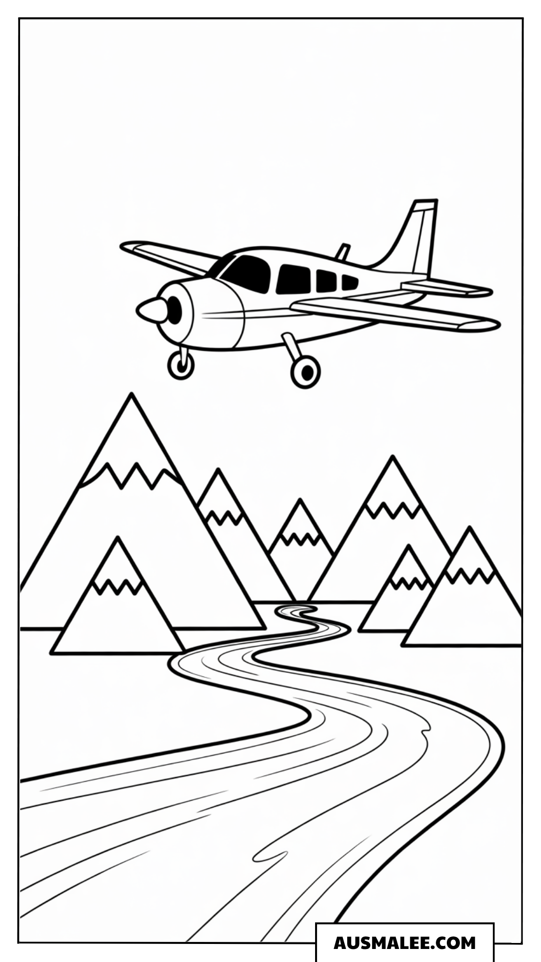 Ausmalbild Flugzeug über den Bergen