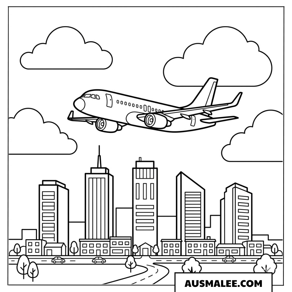 Ausmalbild Flugzeug über der Großstadt
