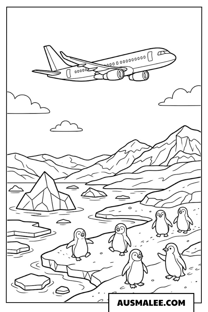 Ausmalbild Flugzeug über der Polarregion