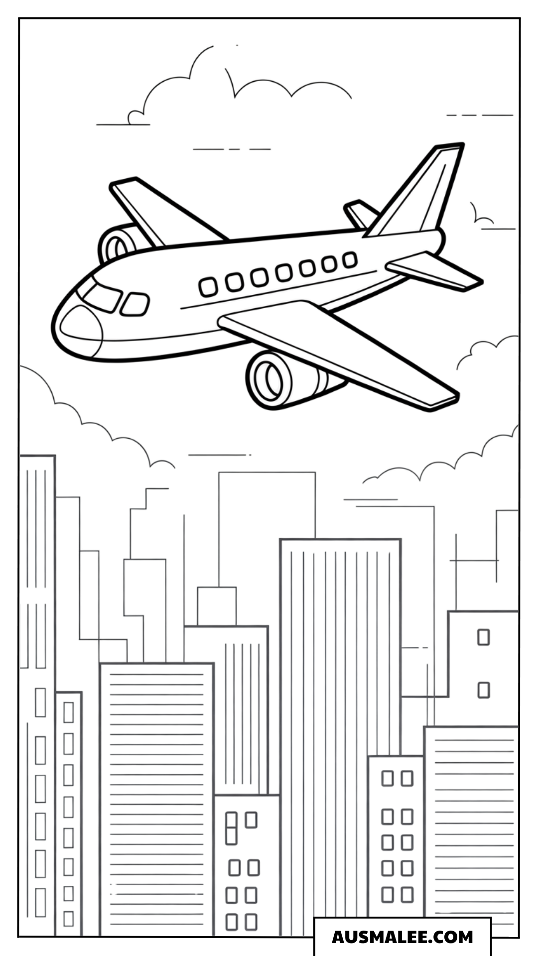 Ausmalbild Flugzeug über der Stadt