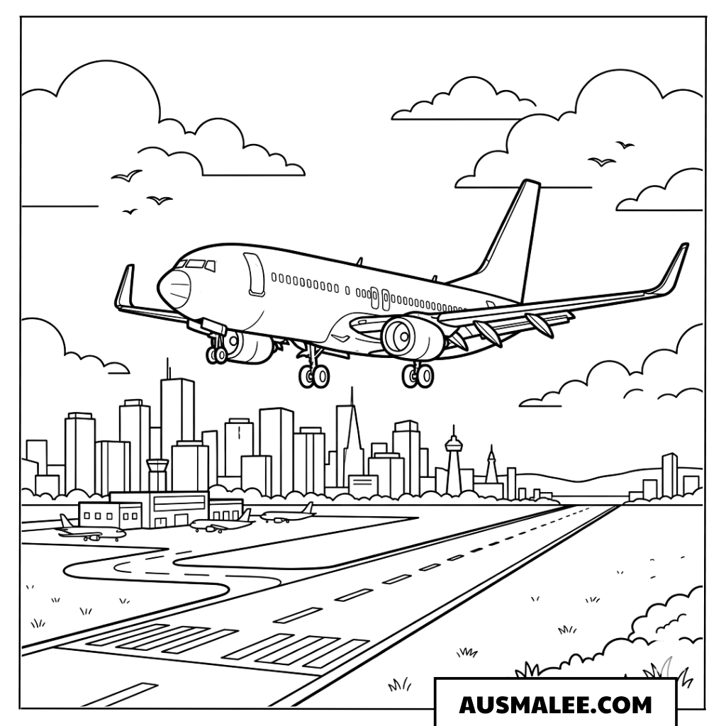 Ausmalbild Flugzeug über der Stadt