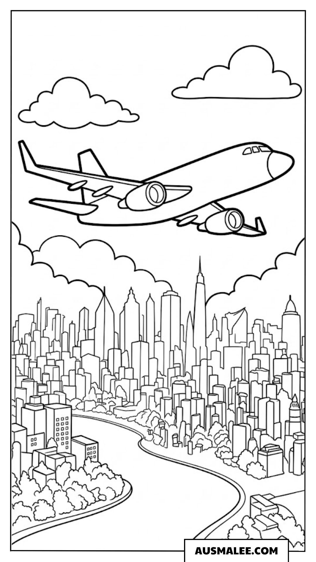 Ausmalbild Flugzeug über der Stadt