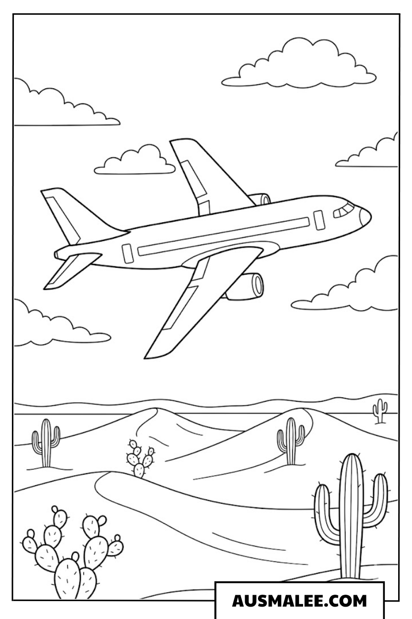 Ausmalbild Flugzeug über der Wüste