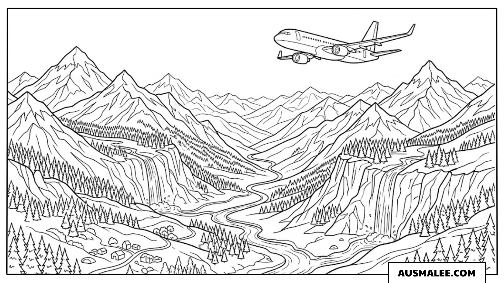 Ausmalbild Flugzeug über einem großen Gebirge