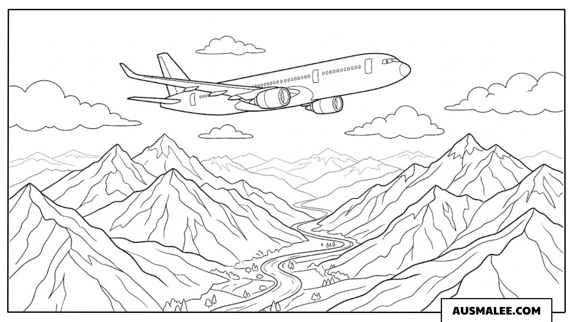 Ausmalbild Flugzeug über einer Bergkette