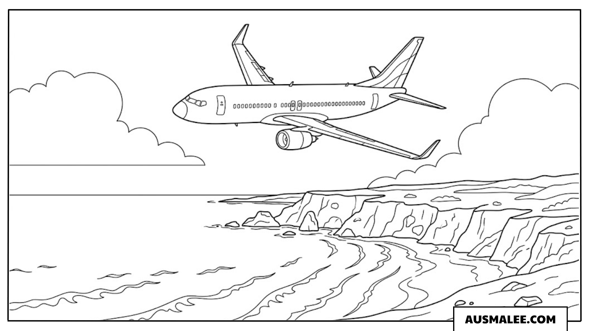 Ausmalbild Flugzeug über einer Felsküste