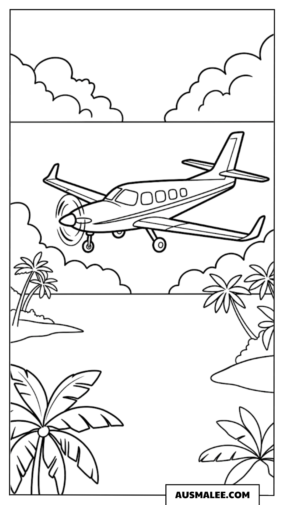 Ausmalbild Flugzeug über einer Tropeninsel