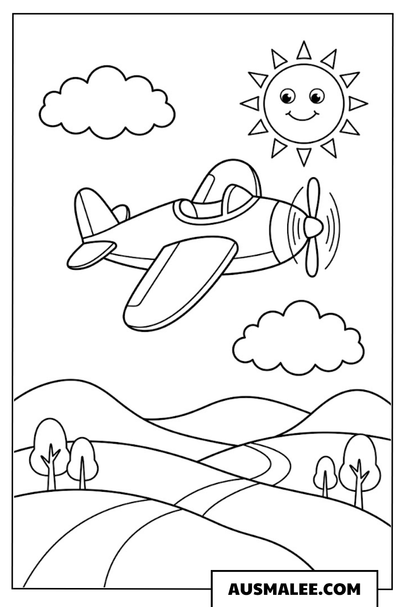 Ausmalbild Flugzeug unter der Sonne