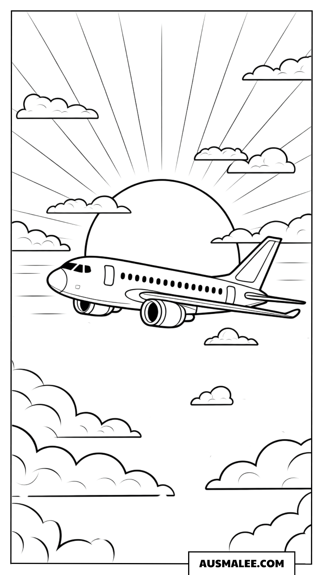 Ausmalbild Flugzeug vor der Sonne