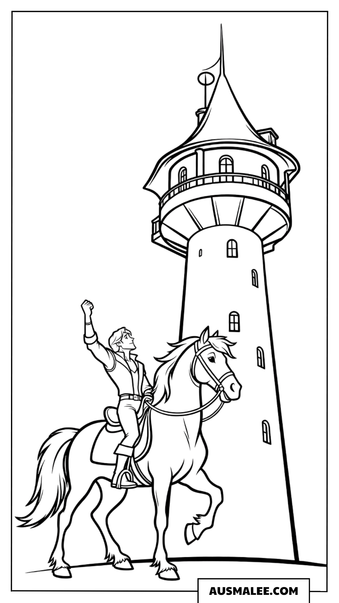 Ausmalbild Flynn Rider auf dem Pferd vor dem Turm