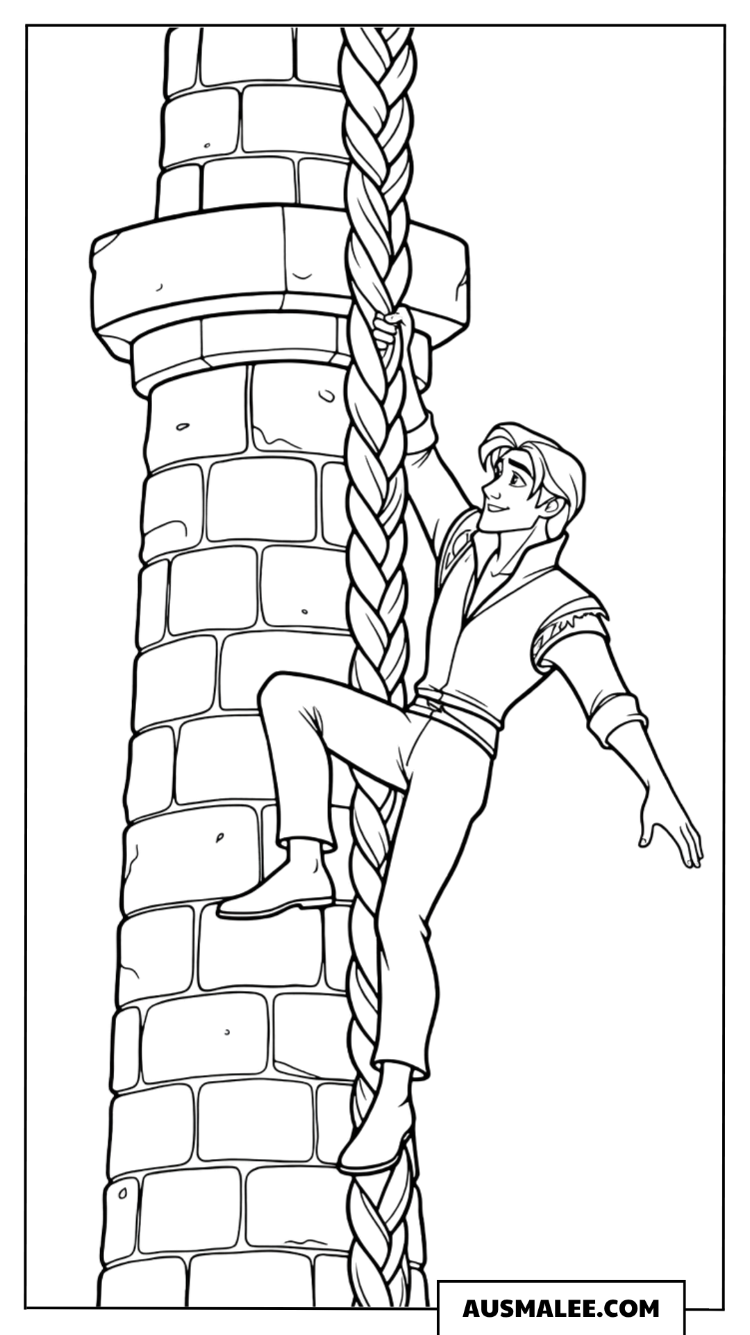 Ausmalbild Flynn Rider klettert am Turm hoch