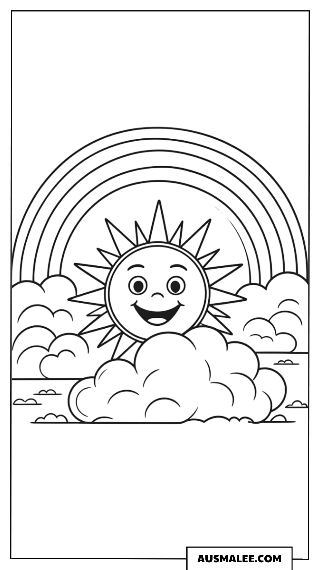 Ausmalbild Fröhliche Sonne auf Wolken mit Regenbogen