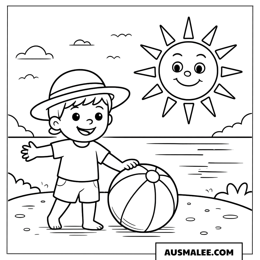 Ausmalbild Junge am Strand mit Ball und Sonne