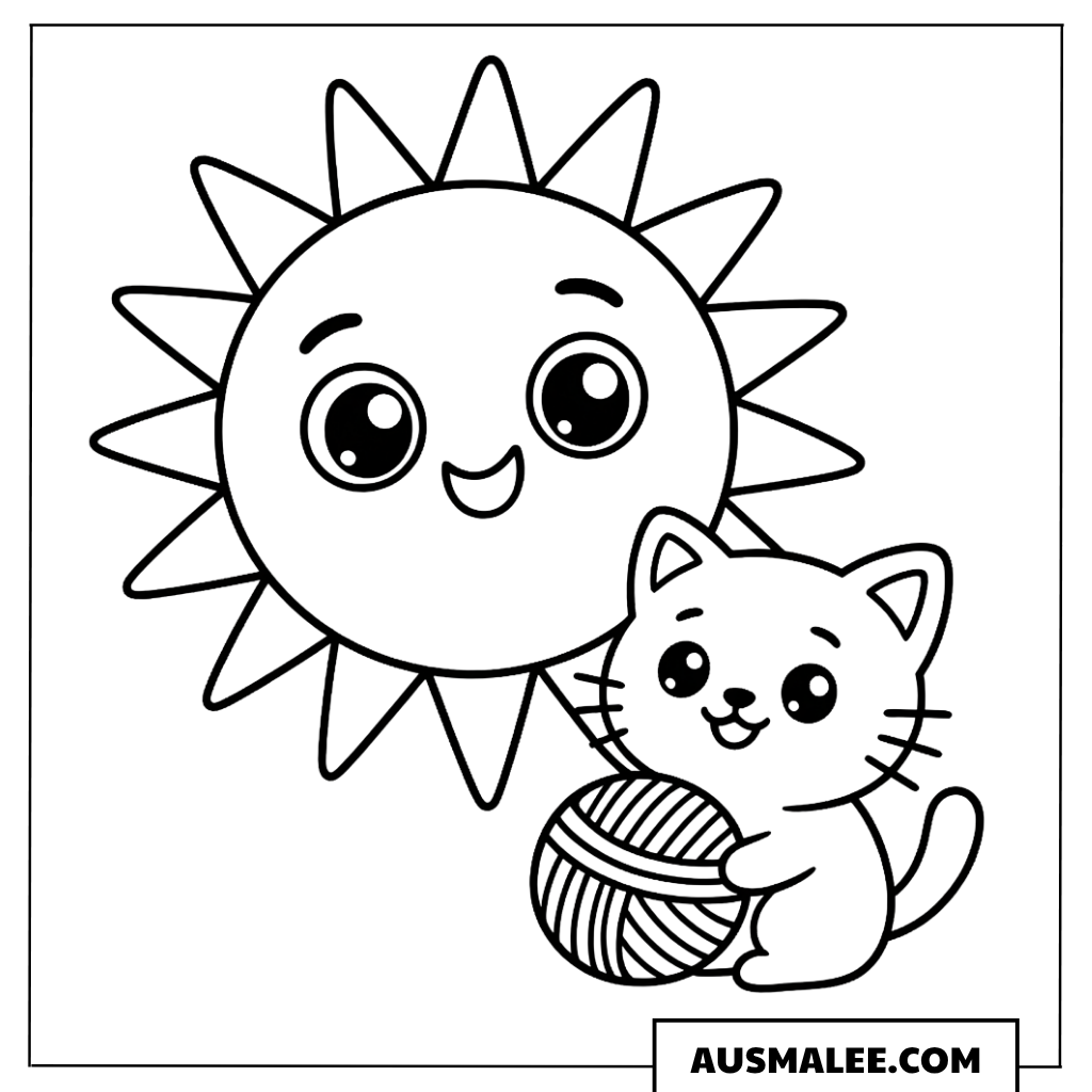 Ausmalbild Kawaii Sonne und kleine Tierbabys mit Katze