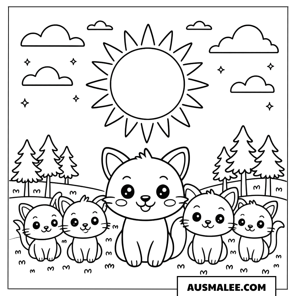 Ausmalbild Kawaii Sonne und kleine Tierbabys mit Katzen