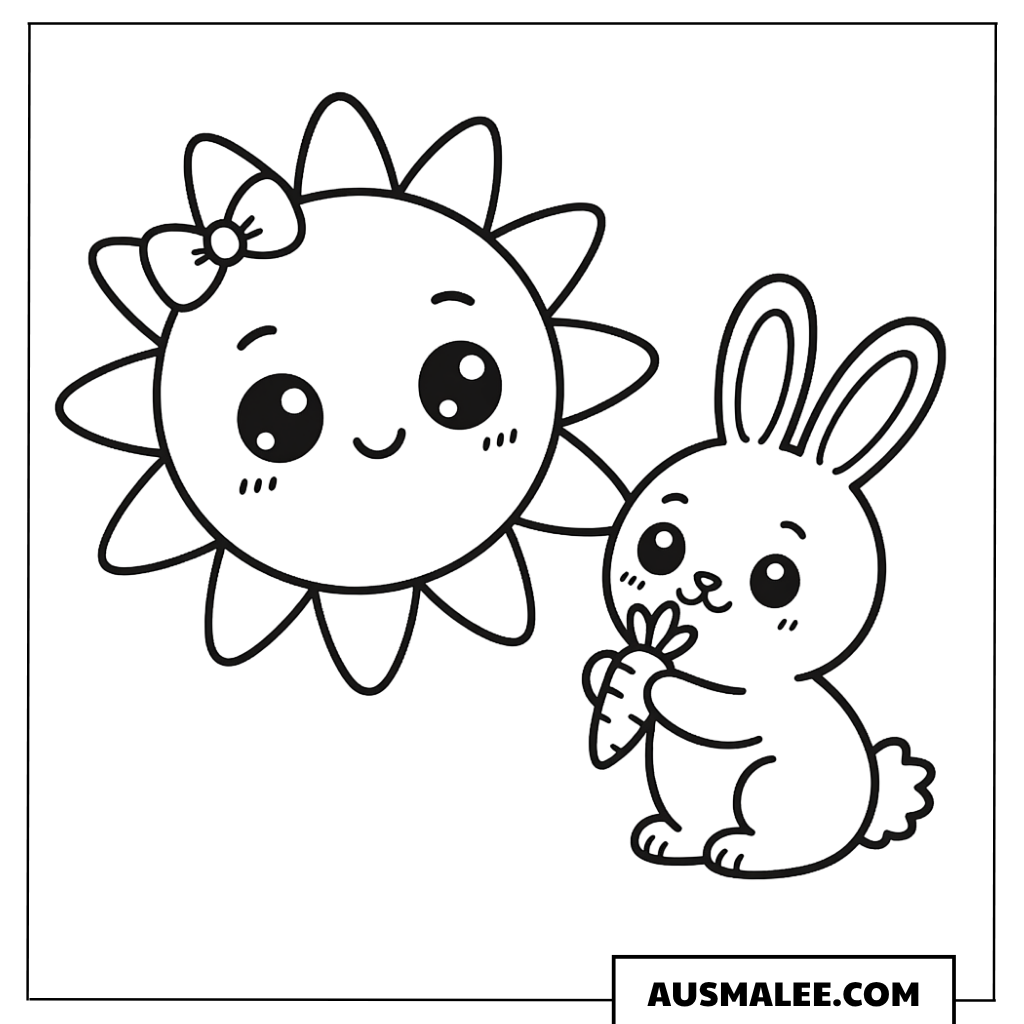 Ausmalbild Kawaii Sonne und kleine Tierbabys mit Sonne und Hase