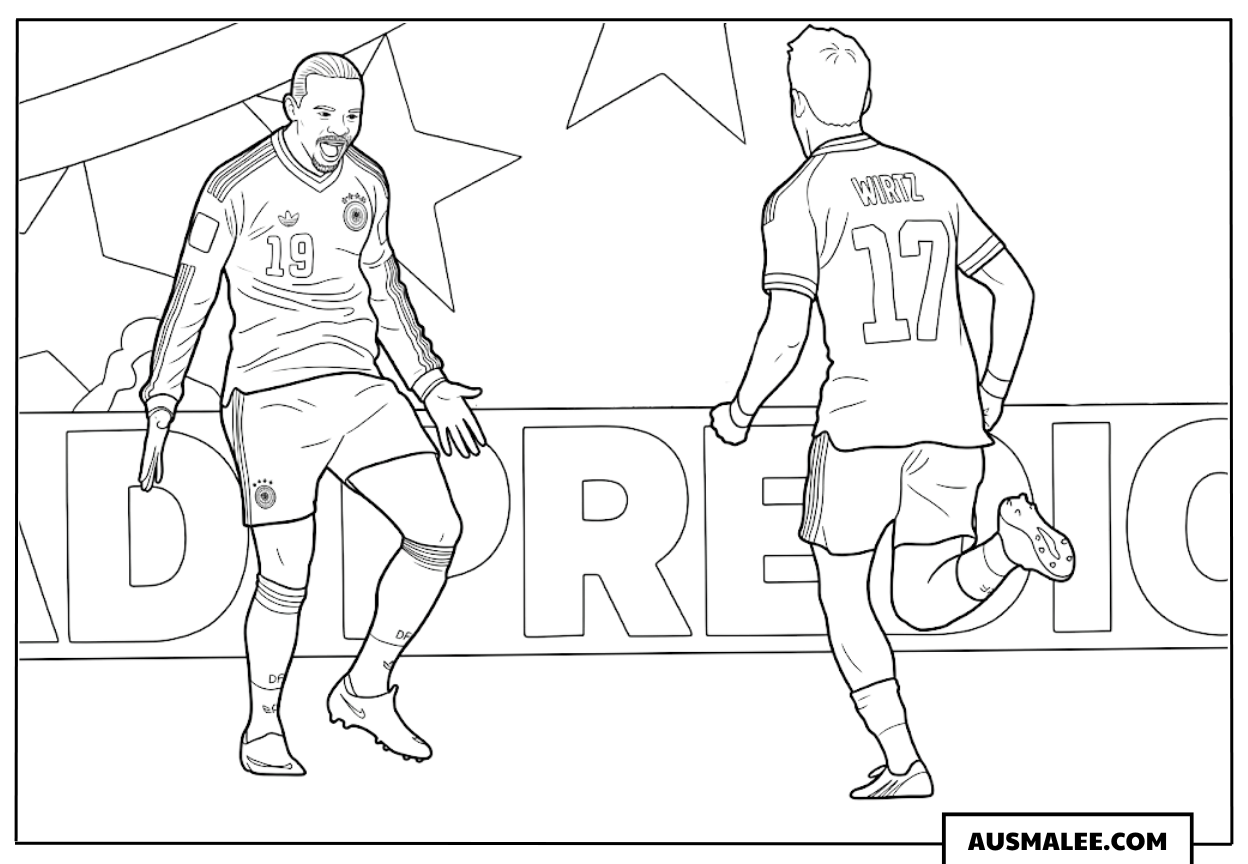Ausmalbild Leroy Sané und Florian Wirtz beim Torjubel