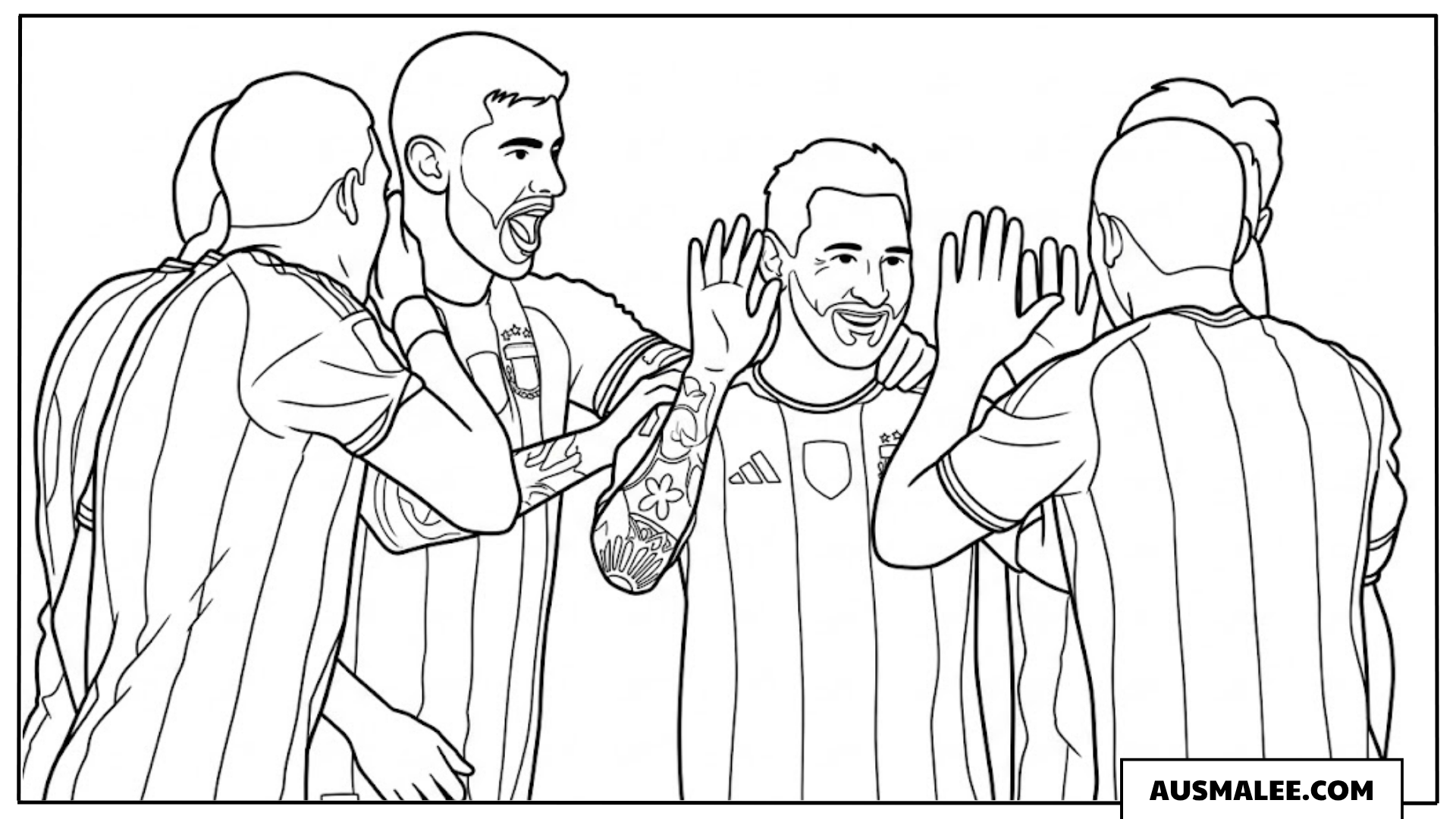 Ausmalbild Lionel Messi High-Five mit Team Argentinien WM 2026