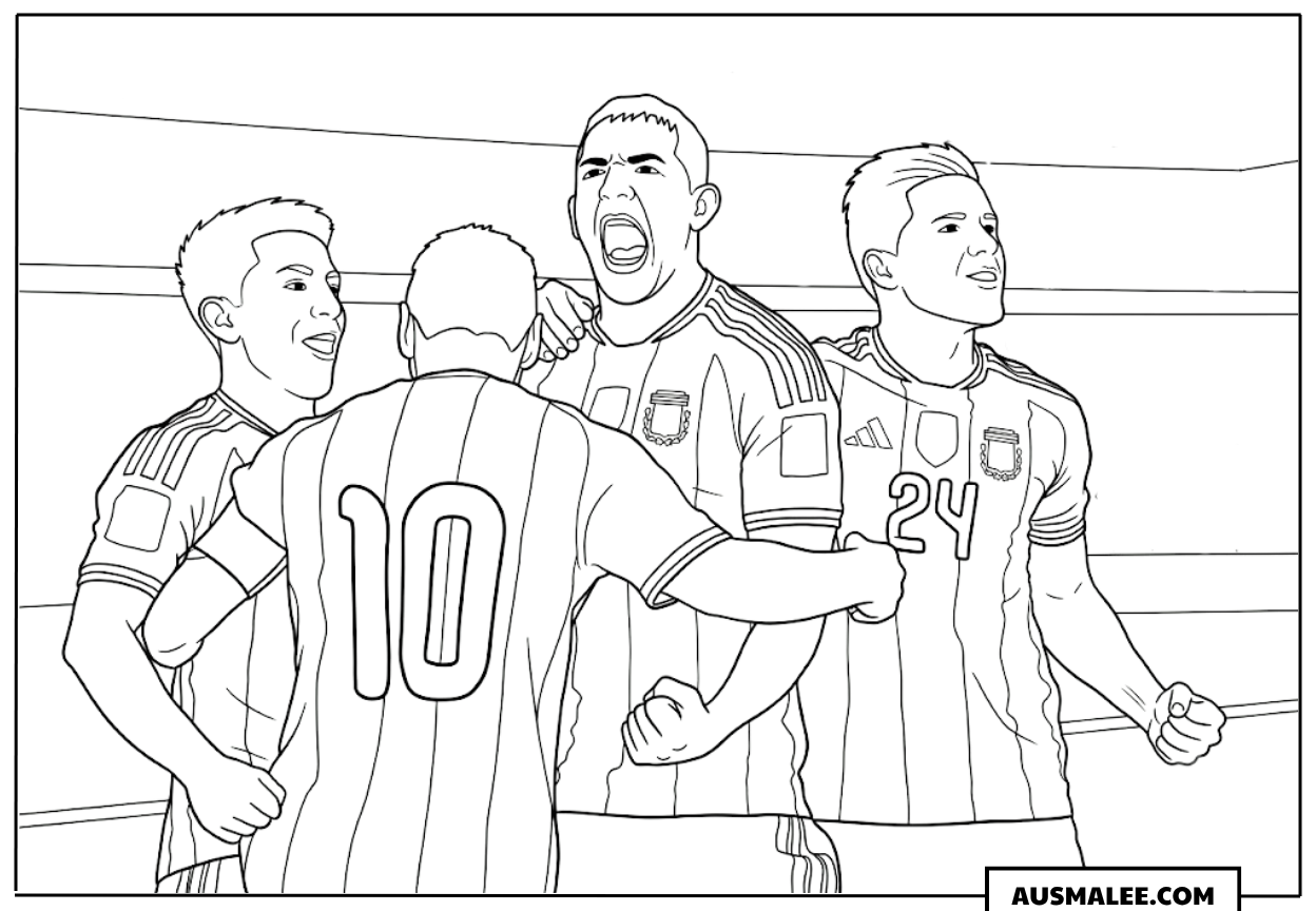 Ausmalbild Lionel Messi Torjubel mit Team Argentinien WM 2026