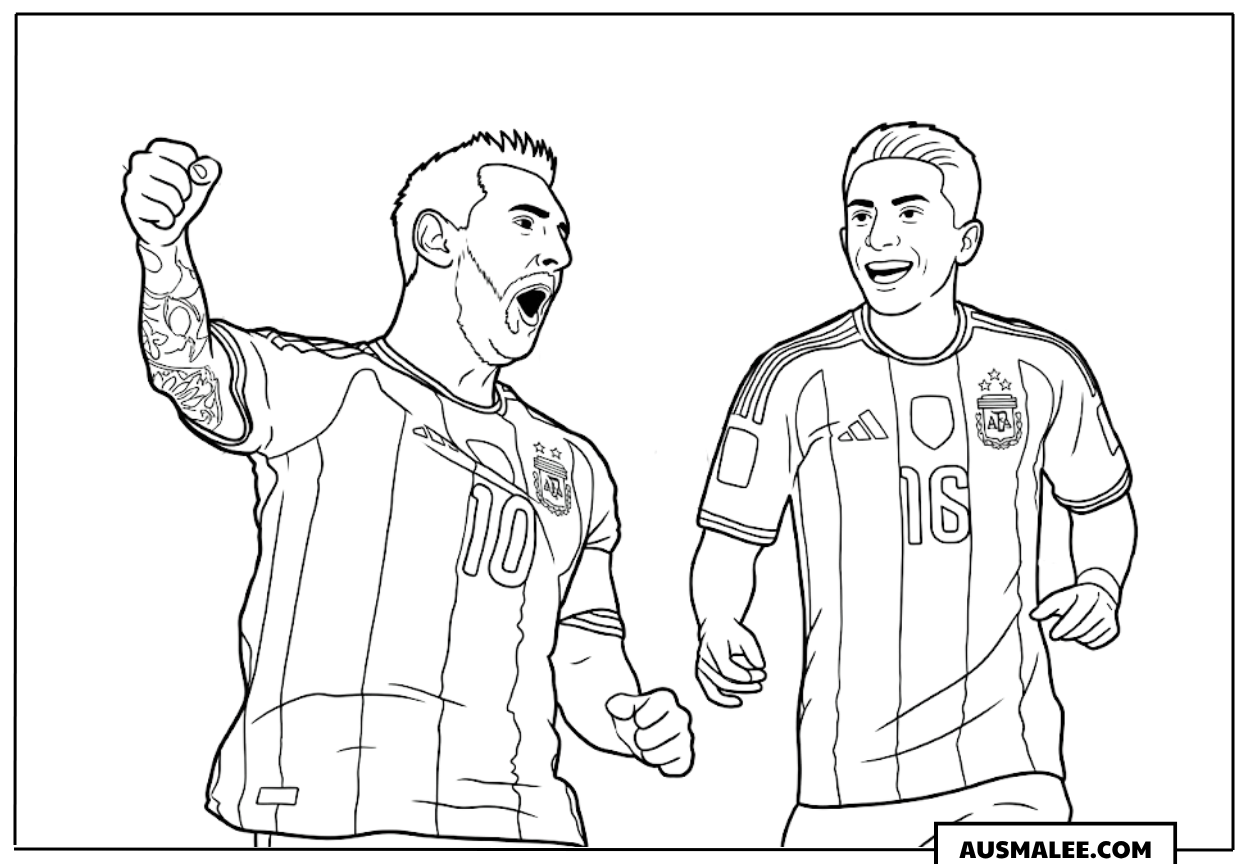 Ausmalbild Lionel Messi und Teamkollege Jubel WM 2026