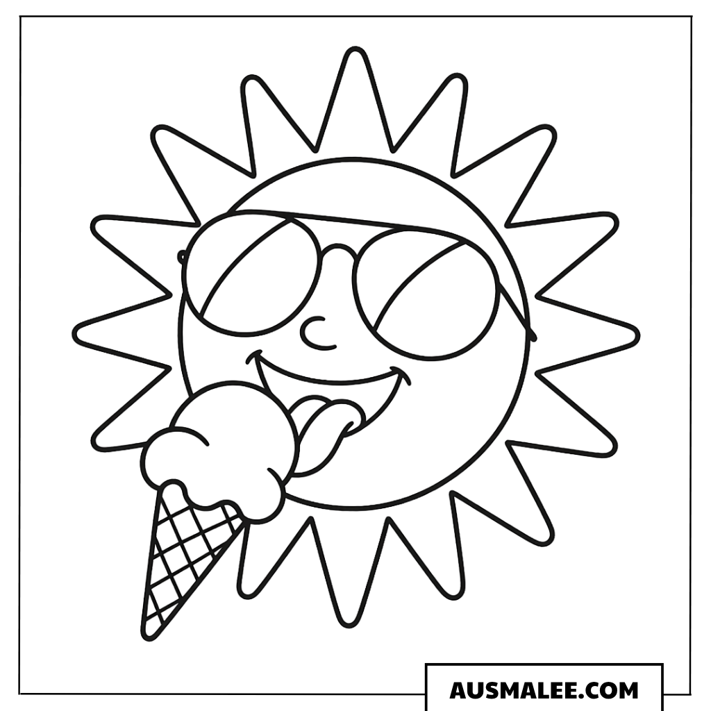 Ausmalbild Lustige Sonne mit Eis und Sonnenbrille