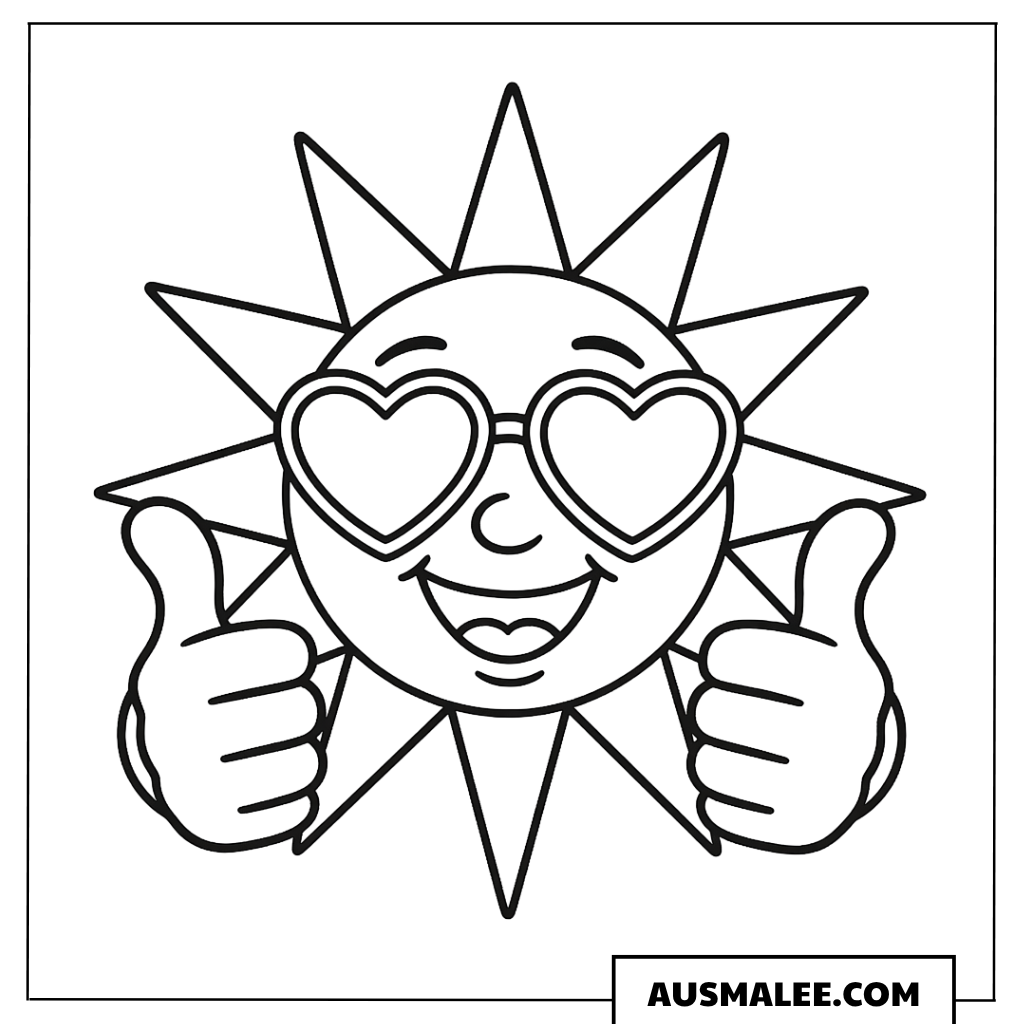 Ausmalbild Lustige Sonne mit Herzbrille und Daumen hoch